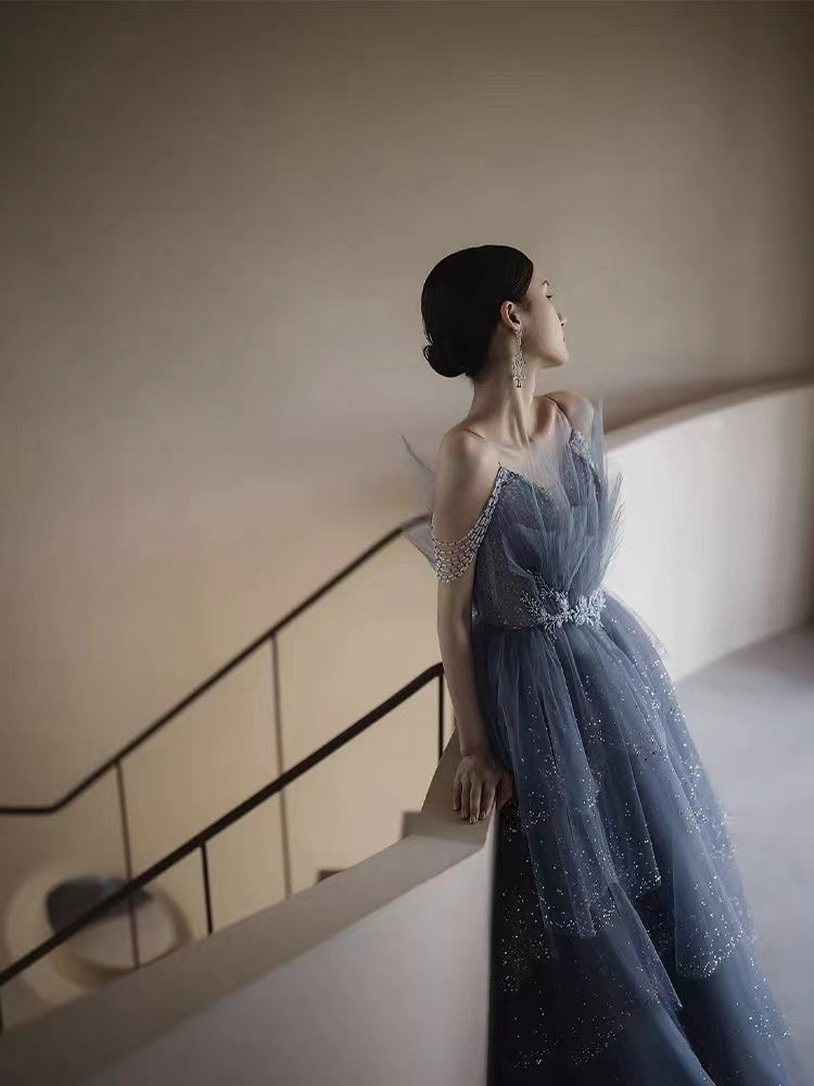 Dusty Blue Fluffy Ruffled Beaded Prom Dresses, Princess Prom Dresses, ClaireBridal Dusty Blue Fluffy Ruffled Beaded Prom Dresses, Princess Prom Dresses, ClaireBridal