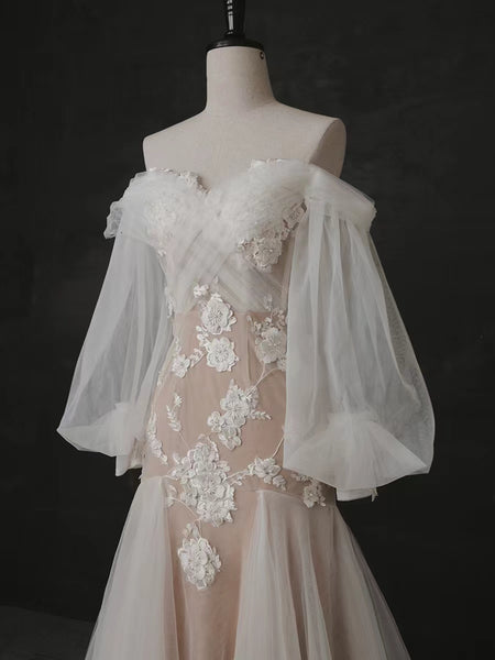 Off Shoulder Mermaid Lace Tulle Wedding Dresses, Bridal Gown, Fairy Wedding Dresses, Affordable Wedding Dresses