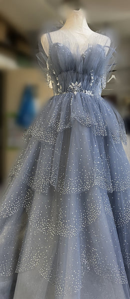 Dusty Blue Fluffy Ruffled Beaded Prom Dresses, Princess Prom Dresses, A-line Prom Dresses, Newest 2022 Prom Dresses, Party Dresses