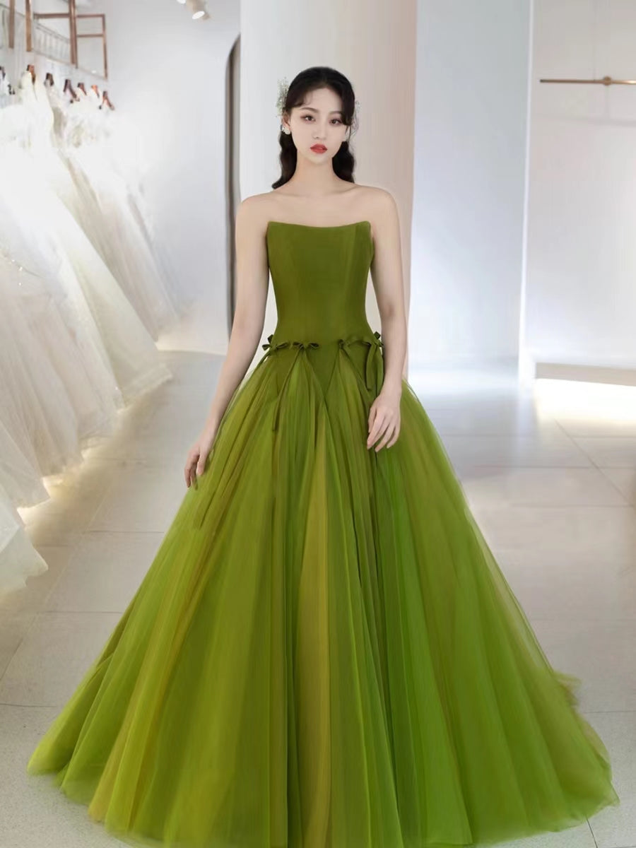 Lovely Avocado Green Satin Tulle Prom Dresses, Party Dresses, Formal Gown, Long Prom Dresses, 2022 A-line Prom Dresses