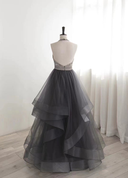 Halter Beaded Floral Long Prom Dresses, Cake Fluffy Prom Dresses, 2022 Prom Dresses, Formal Dresses