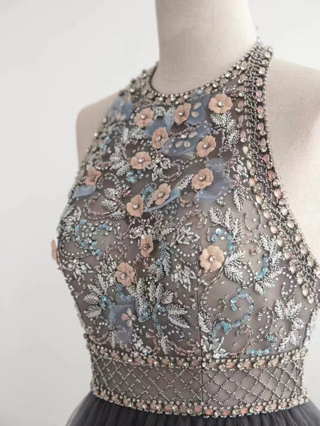 Halter Beaded Floral Long Prom Dresses, Cake Fluffy Prom Dresses, 2022 Prom Dresses, Formal Dresses