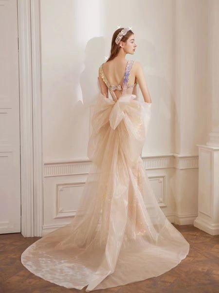 Straps Mermaid Shiny Prom Dresses, Mermaid Collection Long Prom Dresses, Newest 2022 Party Dresses With Detachable Train