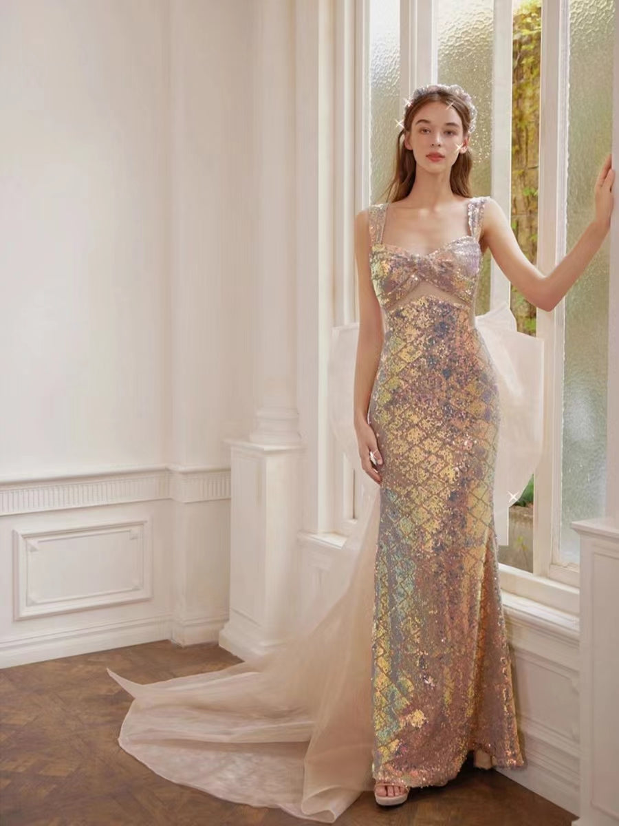 Straps Mermaid Shiny Prom Dresses, Mermaid Collection Long Prom Dresses, Newest 2022 Party Dresses With Detachable Train