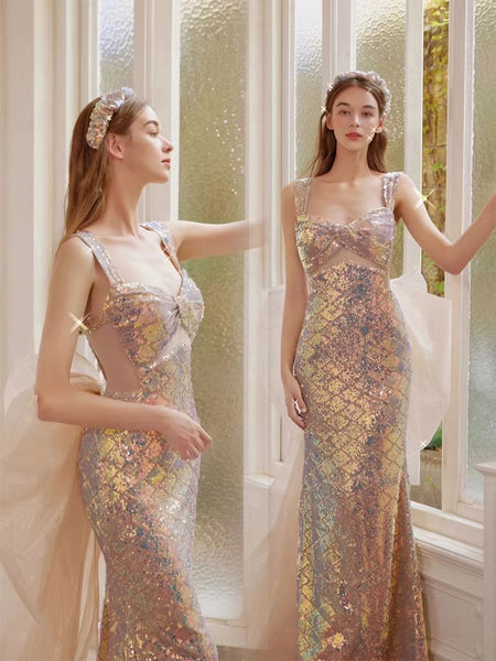 Straps Mermaid Shiny Prom Dresses, Mermaid Collection Long Prom Dresses, Newest 2022 Party Dresses With Detachable Train