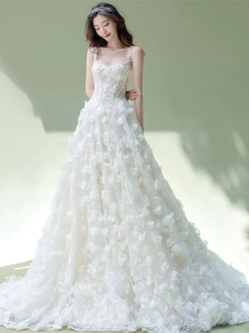 Straps Long A-line Wedding Dresses, Lace 3D Floral Wedding Dresses, Newest Luxury Handmade Wedding Dresses