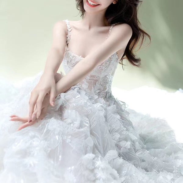 Straps Long A-line Wedding Dresses, Lace 3D Floral Wedding Dresses, Newest Luxury Handmade Wedding Dresses