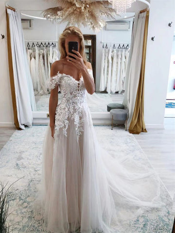 Off Shoulder A-line Lace Tulle Wedding Dresses, Affordable Popular Wedding Dresses, Bridal Gown, 2022 Wedding Dresses