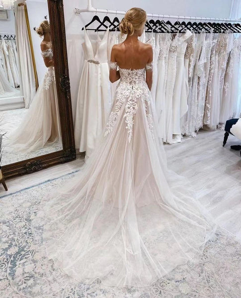 Off Shoulder A-line Lace Tulle Wedding Dresses, Affordable Popular Wedding Dresses, Bridal Gown, 2022 Wedding Dresses