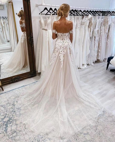 Off Shoulder A-line Lace Tulle Wedding Dresses, Affordable Popular Wedding Dresses, Bridal Gown, 2022 Wedding Dresses