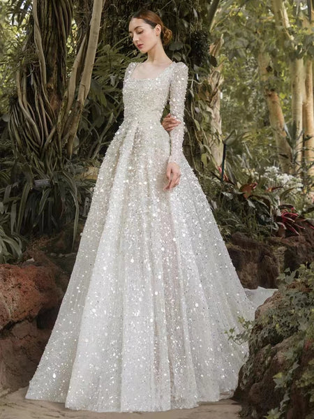Square Neckline Beaded Sequin Tullle Wedding Dresses, Shiny Wedding Dresses With Long Train, Popular 2022 Wedding Dresses