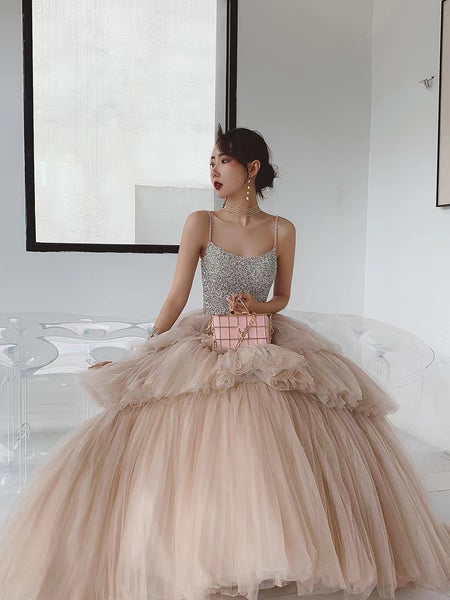 Spaghetti Long A-line Rhinestone Beaded Prom Dresses, Cake Dresses, Newest Prom Dresses, Affordable Prom Dresses