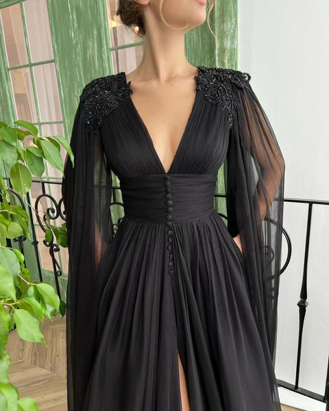 V-neck Black Tulle Prom Dresses, Elegant Prom Dresses, Newest 2022 Prom Dresses, A-line Prom Dresses