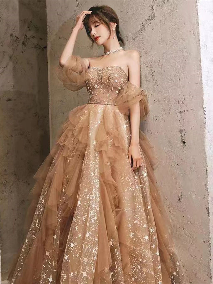 Lovely Dark Champagne Star Gliter Prom Dresses, Newest Prom Dresses, A ClaireBridal Lovely Dark Champagne Star Gliter Prom Dresses, Newest Prom Dresses, A ClaireBridal