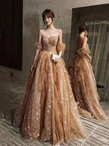 Lovely Dark Champagne Star Gliter Prom Dresses, Newest Prom Dresses, A-line Prom Dresses