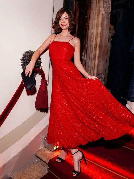 Spaghetti Ankle Length Red Sequin Prom Dresses, Celebrity Dresses, Affordable Prom Dresses