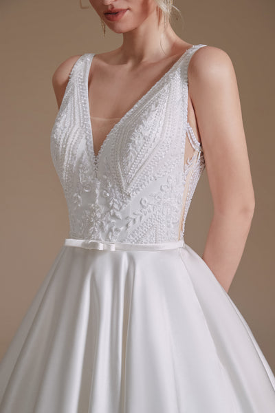 Elegant Lace Top A-line Satin Wedding Dresses, Bridal Gown, Newest Claire Handmade Wedding Dresses, Affordable Wedding Dresses