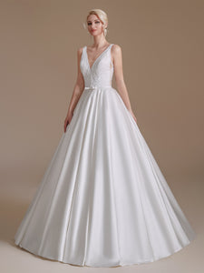 Elegant Lace Top A-line Satin Wedding Dresses, Bridal Gown, Newest Claire Handmade Wedding Dresses, Affordable Wedding Dresses
