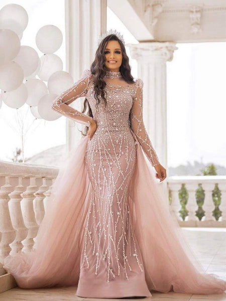 High Neck Beaded Sequin Wedding Dresses, Detachable Train Long Prom Dresses, Arabic Wedding Dresses, 2023 Wedding Dresses