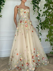 Straps 3D floral Lace Tulle Prom Dresses, Princess Dresses, Girl Party Dresses, 2023 Prom Dresses, A-line Prom Dresses