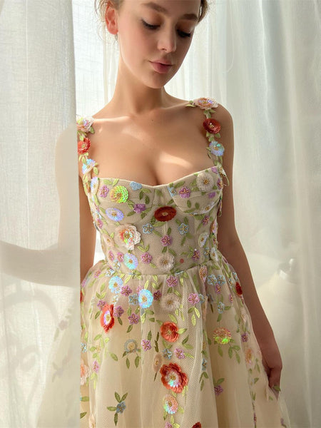 Straps 3D floral Lace Tulle Prom Dresses, Princess Dresses, Girl Party Dresses, 2023 Prom Dresses, A-line Prom Dresses