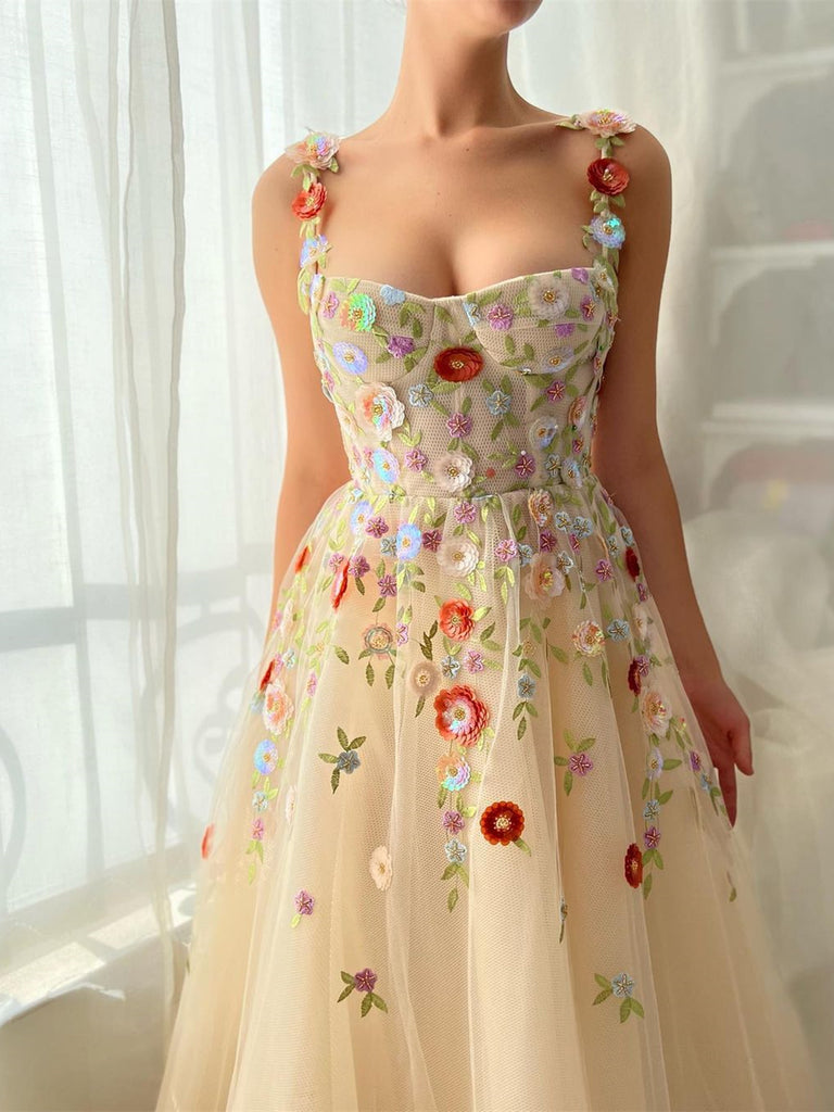 floral prom dresses 2023 Romantic Sky Blue Floral Prom Dresses 2023 A-Line / Princess Spaghetti Straps Sleeveless Floor-Length / Long