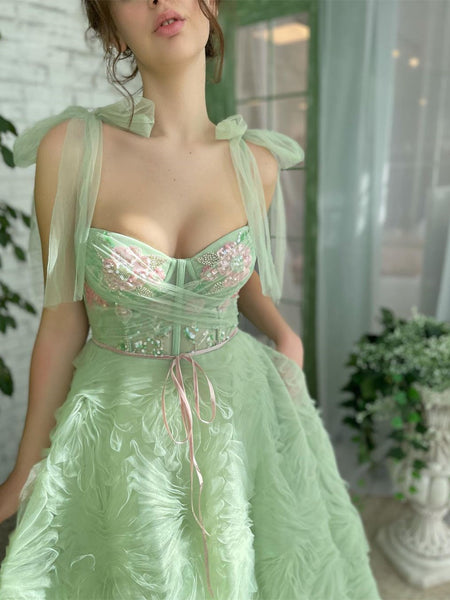 Wrinkled Green Deigner Tulle Prom Dresses, A-line Prom Dresses, Popular Prom Dresses, 2023 Prom Dresses, Girl Party Dresses