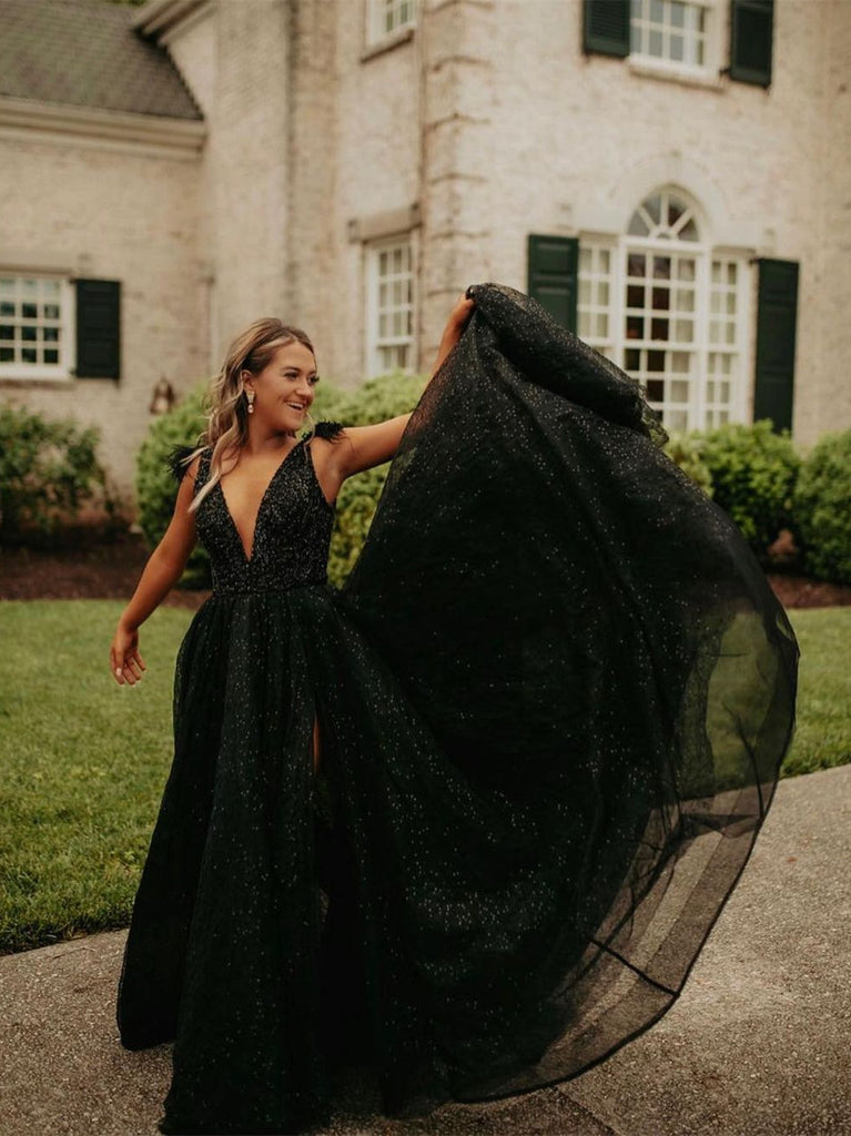 Deep V-neck Black Sequin Tulle Prom Dresses, A-line Girls' Party Dress ClaireBridal Deep V-neck Black Sequin Tulle Prom Dresses, A-line Girls' Party Dress ClaireBridal