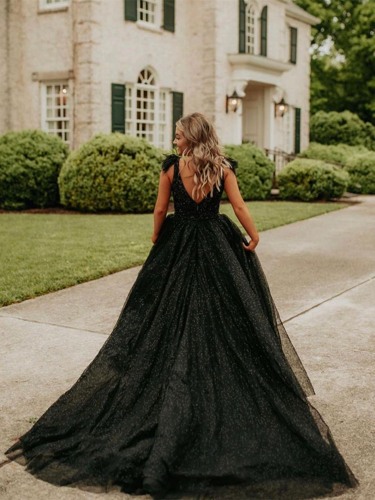 Deep V-neck Black Sequin Tulle Prom Dresses, A-line Girls' Party Dress ClaireBridal Deep V-neck Black Sequin Tulle Prom Dresses, A-line Girls' Party Dress ClaireBridal