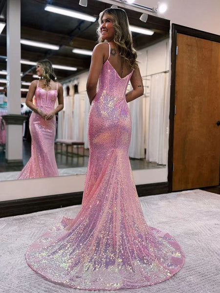 Spaghetti Mermaid Shiny Sequin Prom Dresses, Newest 2023 Prom Dresses, Graduation Party Dresses, Pink Prom Dresses