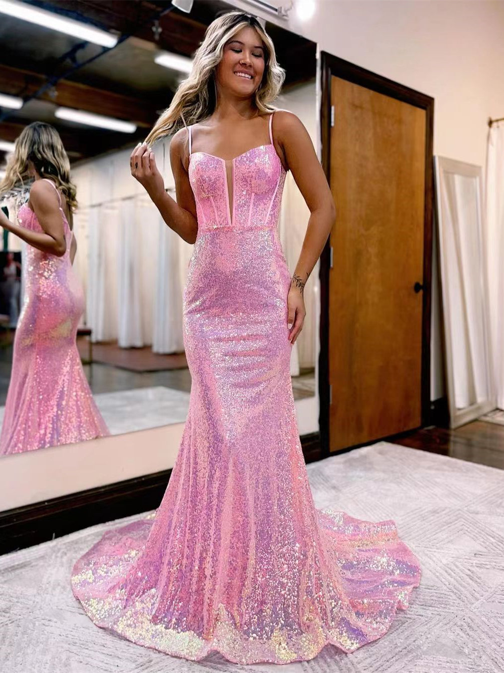 Spaghetti Mermaid Shiny Sequin Prom Dresses, Newest 2023 Prom Dresses, Graduation Party Dresses, Pink Prom Dresses