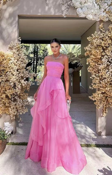 Pink Color Girl Graduation Party Dresses, Newest Strapless Long Prom Dresses, A-line 2023 Prom Dresses