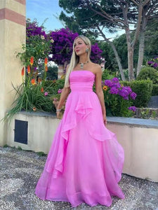 Pink Color Girl Graduation Party Dresses, Newest Strapless Long Prom Dresses, A-line 2023 Prom Dresses