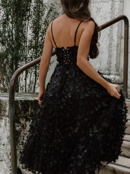 Spaghetti A-line Tea Length Black 3D Butterflies Prom Dresses, Party Dresses, 2023 Prom Dresses, Beachy Prom Dresses