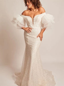 Off the Shoulder Beaded Tulle Mermaid Wedding Dresses, Bridal Gown, Ruffled Sleeves Wedding Dresses