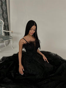Shiny Black Sequin Tulle Prom Dresses With Feather Neckline, A-line Prom Dresses, 2023 Prom Dresses
