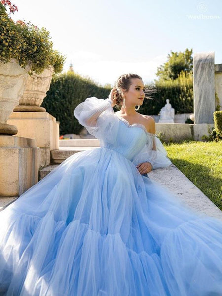 Sky Blue Color Tulle A Line Prom Dresses, Off The Shoulder Popular 2021 Long Prom Dresses