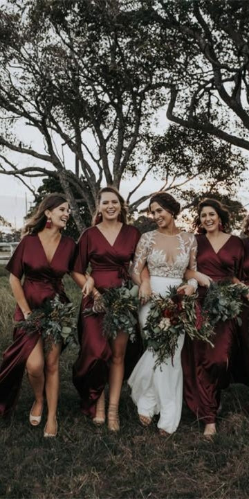 V-neck Boho Half Sleeves Burgundy Elastic Satin Bridesmaid Dresses, Lo –  ClaireBridal