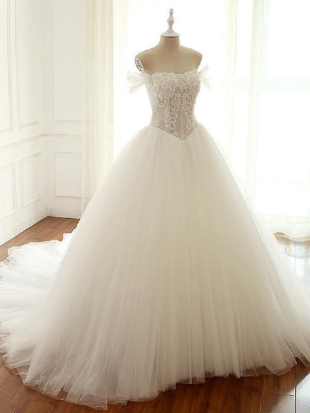 Off Shoulder Lace Tulle Long Wedding Dresses