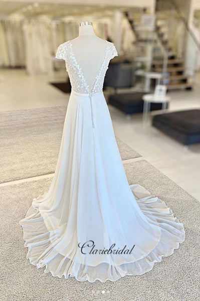 Elegant V-neck Lace Wedding Dresses, Chiffon A-line Bridal Gowns, Beautiful Wedding Dresses