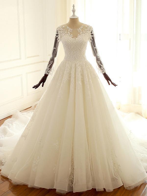 Luxury Long Sleeves Lace Appliques Tulle Wedding Dresses