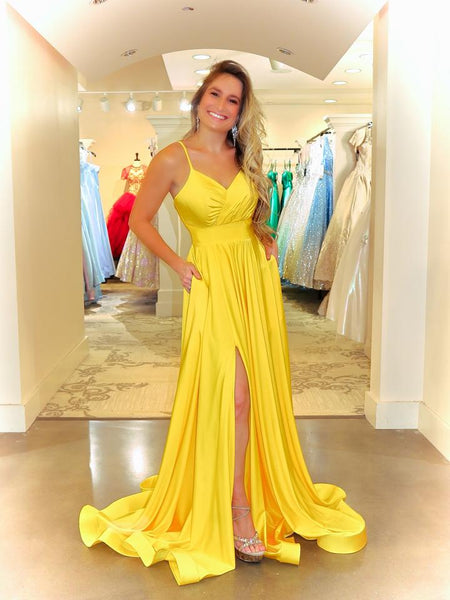 Spaghetti Long A-line Yellow Elastic Satin Prom Dresses, Simple Chic 2021 Prom Dresses