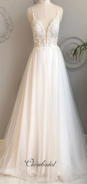 Spaghetti Straps Tulle Wedding Dresses, Lace Open Back Trendy Wedding Dresses