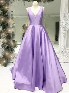 Purple Color Elegant A-line Prom Dresses, Stain V-neck Prom Dresses