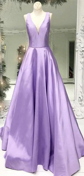 Purple Color Elegant A-line Prom Dresses, Stain V-neck Prom Dresses