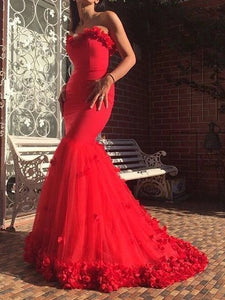 Sweetheart Red Mermaid Prom Dresses, Jersey Tulle Prom Dresses, Long Prom Dresses