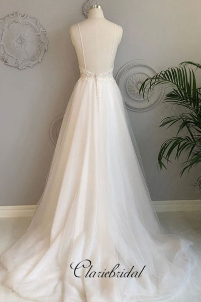 Spaghetti Straps Tulle Wedding Dresses, Lace Open Back Trendy Wedding Dresses