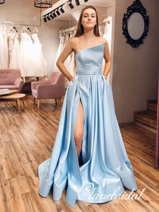 Strapless Long A-line Light Blue Satin Prom Dresses, High Slit Prom Dresses, Long Prom Dresses