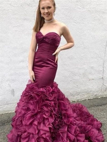 Sweetheart Long Mermaid Plum Satin Organza Prom Dresses, Long Prom Dresses, 2020 Prom Dresses