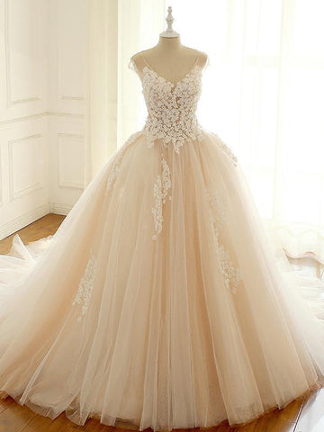 V-neck Lace Tulle Wedding Dresses, Appliques Bridal Gown